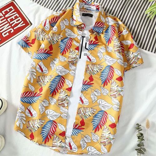 Coréen Rétro Feuilles Ananas Couple Floral Chemise A Manches Courtes Été All-Match Hommes Et Femmes Avec Le Meme Style Plage Bord De Mer Chemise