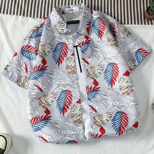 Coréen Rétro Feuilles Ananas Couple Floral Chemise A Manches Courtes Été All-Match Hommes Et Femmes Avec Le Meme Style Plage Bord De Mer Chemise