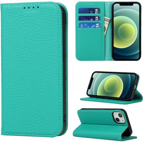 Copmob Coque Iphone 13 Mini,Flip Cuir Veritable Portefeuille Etui En Cuir,[4 Fentes][Fermeture Magnetique][Laniere],Clapet Housse Etuis A Rabat Pour Iphone 13 Mini - Bleu Ciel