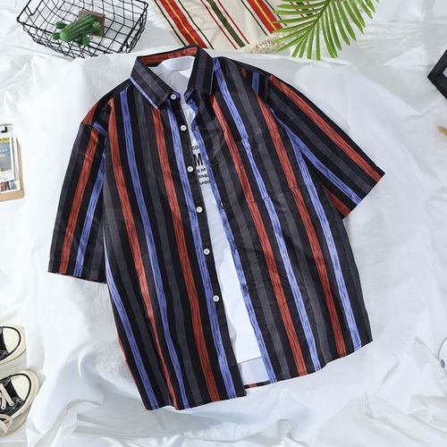 Coréen Rétro Hawaien Chemise A Manches Courtes Hommes Et Femmes Style Chic Lâche Couple Bord De Mer Plage Couleur Chemise Marée