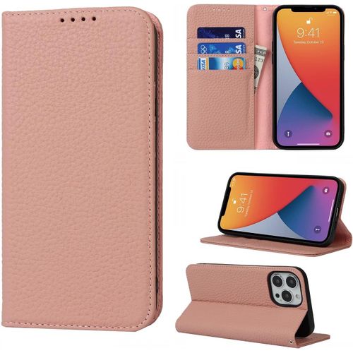 Copmob Coque Iphone 13 Pro Max,Flip Cuir Veritable Portefeuille Etui En Cuir,[4 Fentes][Fermeture Magnetique][Laniere],Clapet Housse Etuis A Rabat Pour Iphone 13 Pro Max - Rose