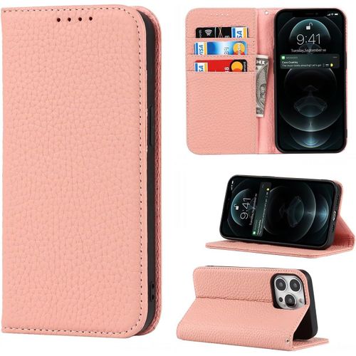 Copmob Coque Iphone 13 Pro,Flip Cuir Veritable Portefeuille Etui En Cuir,[4 Fentes][Fermeture Magnetique][Laniere],Clapet Housse Etuis A Rabat Pour Iphone 13 Pro - Rose