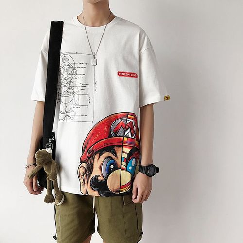 T-Shirt Imprimé D'été Super Mario Anime A Manches Courtes Hommes Gras Lâche Plus Gras Grande Taille Vetements Tendance T-Shirt
