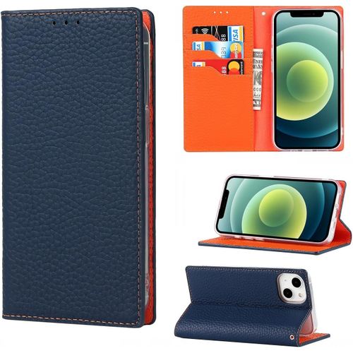 Copmob Coque Iphone 13 Mini Avec Cordon,Cuir Veritable Flip Portefeuille Etui En Cuir,[3 Porte Cartes][Magnetique][Rfid Blocker],Housse Case Protection Etui Pour Iphone 13 Mini - Bleu Fonce