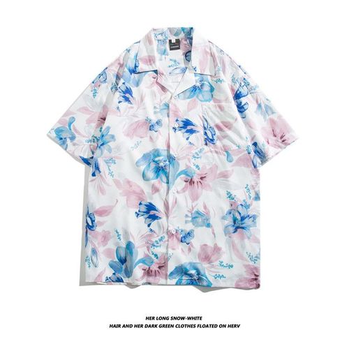 Hip-Hop Rétro Européen Et Américain Motif Imprimé Complet Chemise A Manches Courtes Hommes Et Femmes Marée Marque Rue Couple Lâche Chemise Florale Décontractée