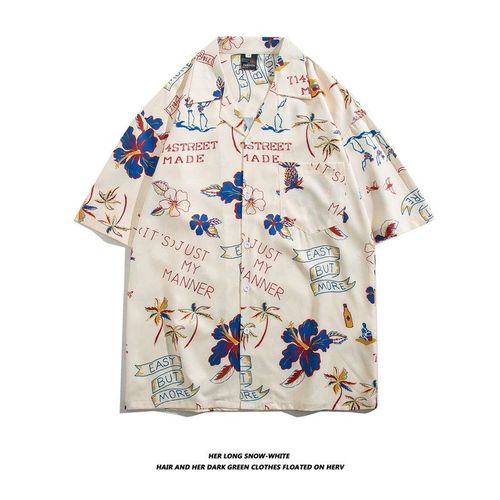 Hip-Hop Rétro Européen Et Américain Motif Imprimé Complet Chemise A Manches Courtes Hommes Et Femmes Marée Marque Rue Couple Lâche Chemise Florale Décontractée