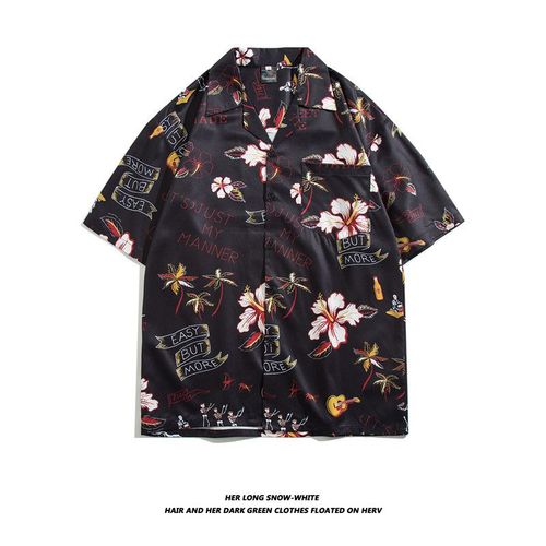 Hip-Hop Rétro Européen Et Américain Motif Imprimé Complet Chemise A Manches Courtes Hommes Et Femmes Marée Marque Rue Couple Lâche Chemise Florale Décontractée