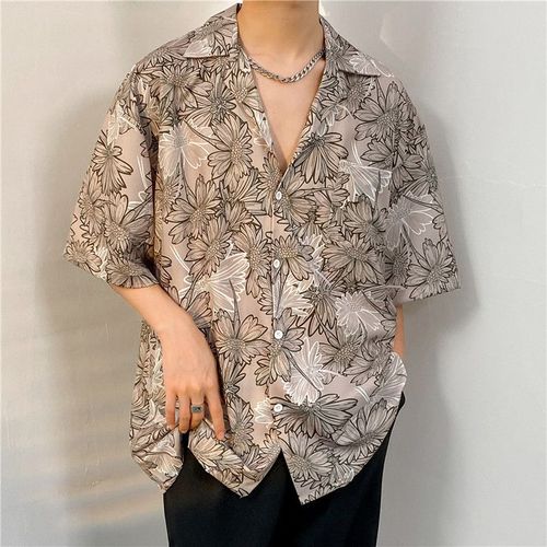 Hip-Hop Rétro Européen Et Américain Motif Imprimé Complet Chemise A Manches Courtes Hommes Et Femmes Marée Marque Rue Couple Lâche Chemise Florale Décontractée