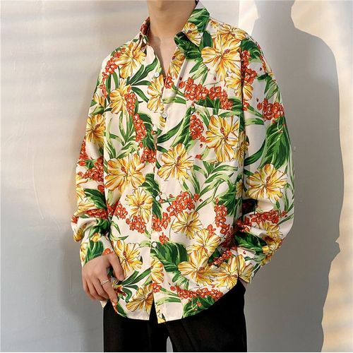 Chemise A Fleurs Pour Garçons D'automne Et D'été Décontractée Chemise A Manches Longues Style Coréen A La Mode Style Manteau Mince Rétro Japonais