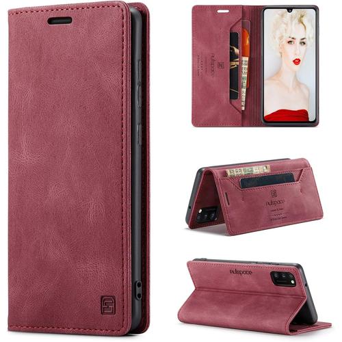 Coque Pour Samsung Galaxy A51 4g Cuir Etui Porte Cartes Portefeuille Housse Premium Pour Femmes Hommes Stand Fonction Magnétique Rfid Blocage Protection Mince Wallet Case-Vin Rouge