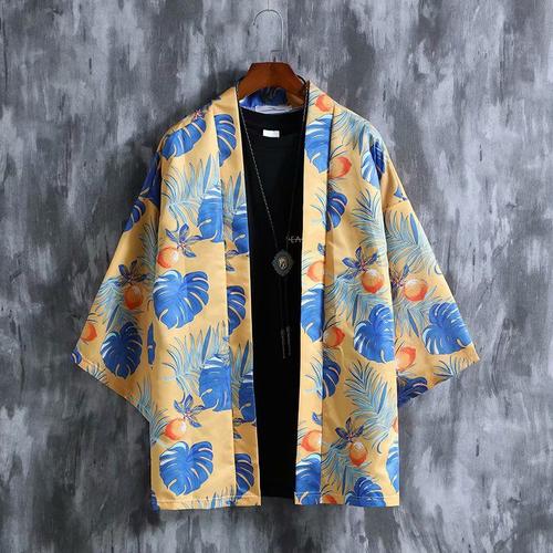 Japonais Rétro Printemps Et Été Ukiyo-E Taoiste Robe Kimono Cardigan Hommes Et Femmes Style Chinois Chemise A Manches Trois-Quarts Veste De Protection Solaire Mince