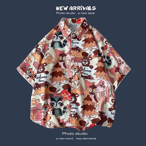 Été Nouvelle Version Coréenne De Ins Style Rétro Floral Mince Couple Chemise Haut Ample A Manches Courtes Chemise Hommes Marée