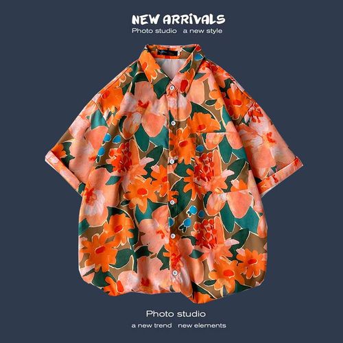 Été Nouvelle Version Coréenne De Ins Style Rétro Floral Mince Couple Chemise Haut Ample A Manches Courtes Chemise Hommes Marée