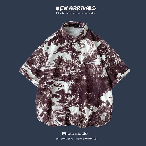 Été Nouvelle Version Coréenne De Ins Style Rétro Floral Mince Couple Chemise Haut Ample A Manches Courtes Chemise Hommes Marée