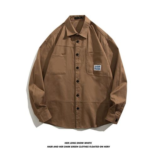 Nouvel An Américain Rétro Outillage Chemise Hommes Ami Kaki Grande Taille Ample Chemise A Manches Longues Manteau D'automne