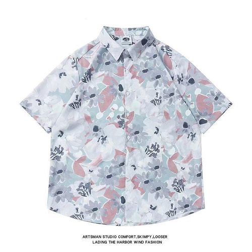 Vitage Rétro Paresseux Vent Peinture A L'huile Entierement Imprimé Chemise A Manches Courtes Hommes Et Femmes Plage Fete Lâche Niche Ruffian Belle Chemise