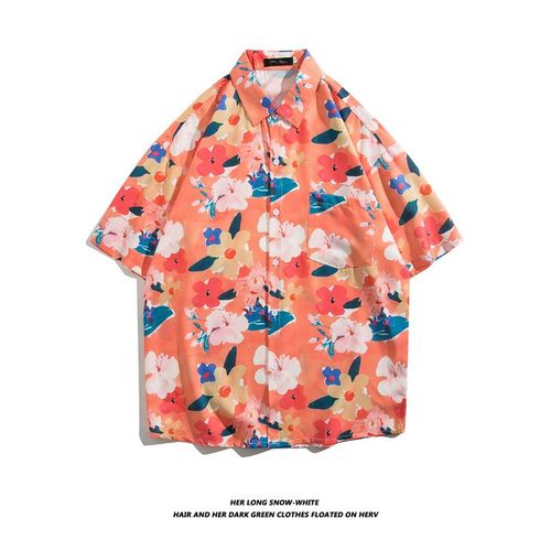 Tide Marque Niche Ins Chemise A Manches Courtes Homme Bf Été Décontracté Plage Imprimé Chemise Rue Ample Demi-Manches Haut