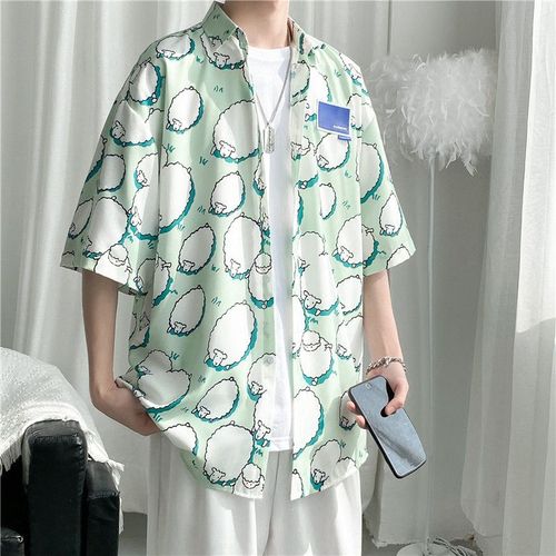 Été Mince Rétro Style Conception Intéressante Chemise A Manches Courtes Imprimée Vetements Lâches Et Polyvalents Pour Hommes