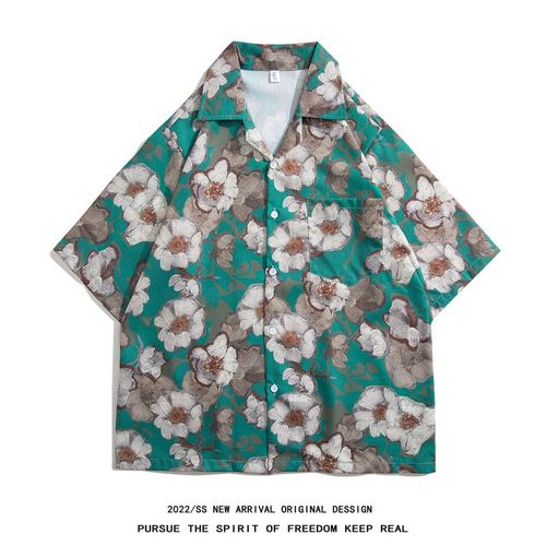 Nouveau Col Cubain Chemise A Fleurs Hawaiennes Hommes A Manches Courtes Été Plage Vacances Japonais Imprimé Chemise Veste