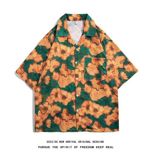 Nouveau Col Cubain Chemise A Fleurs Hawaiennes Hommes A Manches Courtes Été Plage Vacances Japonais Imprimé Chemise Veste