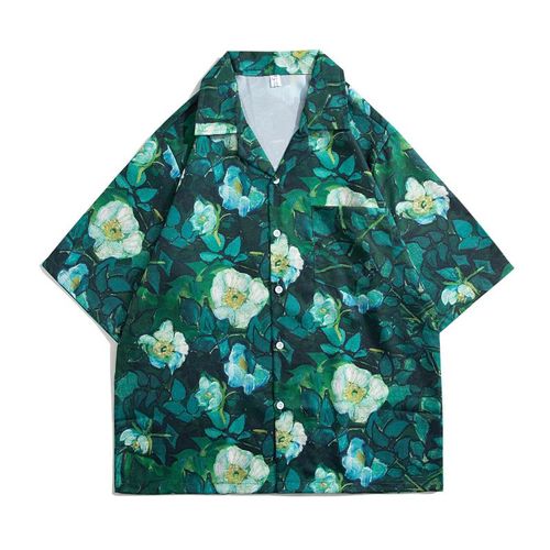 Nouveau Col Cubain Chemise A Fleurs Hawaiennes Hommes A Manches Courtes Été Plage Vacances Japonais Imprimé Chemise Veste