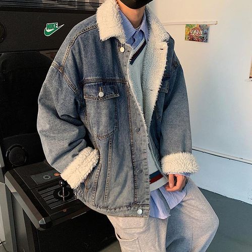 Coton Hommes Lâche Style Coréen A La Mode Revers Laine D'agneau Coton Vetements Style Décontracté Tout Match Plus Velours Épaissi Veste En Jean