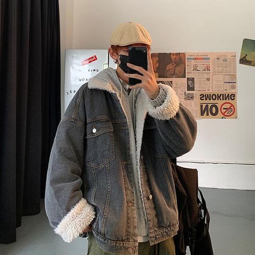 Coton Hommes Lâche Style Coréen A La Mode Revers Laine D'agneau Coton Vetements Style Décontracté Tout Match Plus Velours Épaissi Veste En Jean