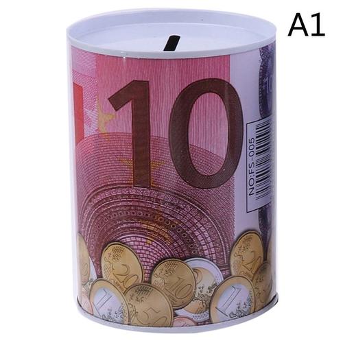 Tirelire cylindrique en fer blanc, avec image de billet en euro ou dollar,créatif, boîte, économies, décoration pour la maison, 1 pièce