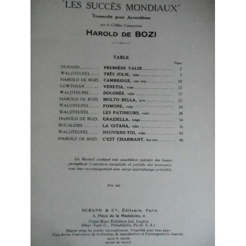 Les Succes Mondiaux Accordéon Par Harold De Bozi . Edition Durand