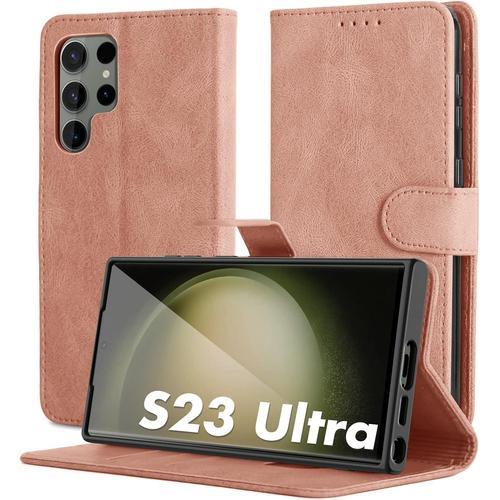 Coque Pour Samsung Galaxy S23 Ultra 5g, Modèle Pu Cuir À Rabat Flip, Anti-Choc, Magnétique À Clapet, Support Slot De Carte Housse De Protection Pour Samsung Galaxy S23 Ultra 5g-Rose