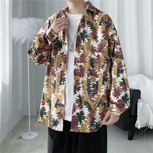 Style Rétro De Ins Automne Sentiment Chemise A Fleurs A Manches Longues Couples Masculins Et Féminins All-Match Lâche Chemise Cubaine Paresseux A La Mode