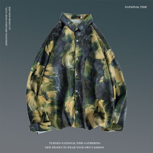 Printemps Rétro Fleur Chemise Hommes Version Coréenne De La Tendance All-Match Lâche Chemise A Manches Longues Personnalité Style Couple Tops Manteau