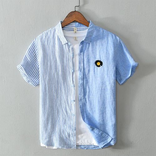 Été Nouvelle Version Coréenne De La Chemise A Manches Courtes En Lin A Section Mince Pour Hommes Petite Chemise A Broderie Marguerite Top Tendance