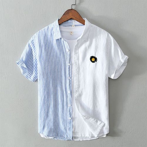 Été Nouvelle Version Coréenne De La Chemise A Manches Courtes En Lin A Section Mince Pour Hommes Petite Chemise A Broderie Marguerite Top Tendance