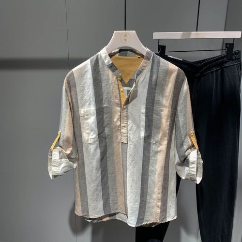 Chemise A Manches Trois-Quarts Pour Hommes Été Nouvelle Chemise A La Mode Japonaise Beau Pouce Chemise A Rayures Décontractée Ample