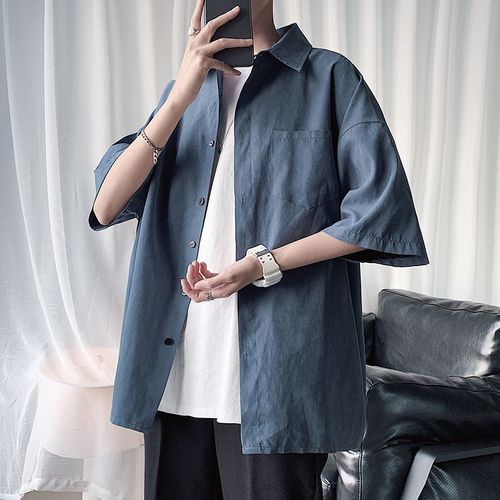 Chemise A Manches Courtes Pour Hommes De Style Hongkongais Été Japonais Haut A Manches Cinq-Quarts Coréen A La Mode Ins Ruffian Belle Chemise Veste Décontractée