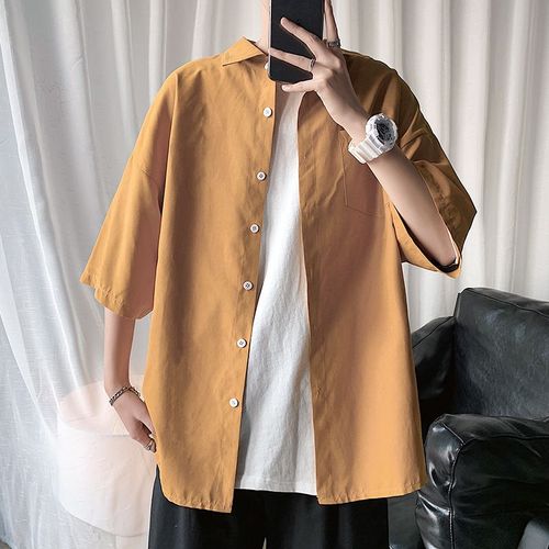 Chemise A Manches Courtes Pour Hommes De Style Hongkongais Été Japonais Haut A Manches Cinq-Quarts Coréen A La Mode Ins Ruffian Belle Chemise Veste Décontractée