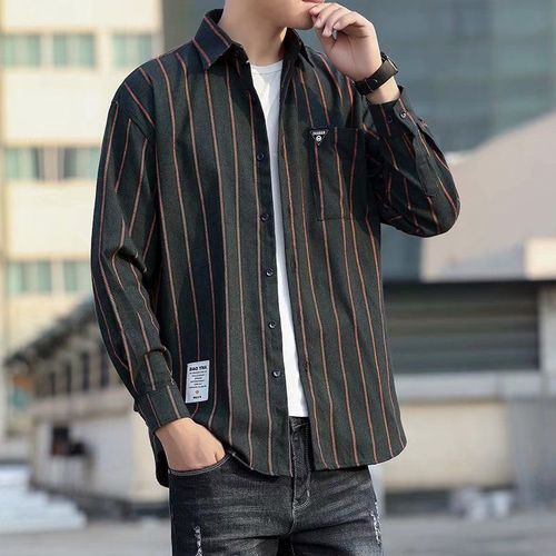 Automne Chemise A Manches Longues Hommes Style Coréen Décontracté A La Mode Chemise Hommes Rayé Coupe Ajustée A La Mode Belle Chemise A Carreaux