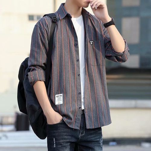 Automne Chemise A Manches Longues Hommes Style Coréen Décontracté A La Mode Chemise Hommes Rayé Coupe Ajustée A La Mode Belle Chemise A Carreaux