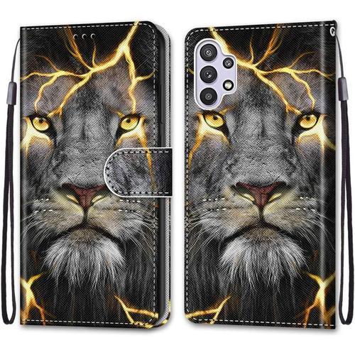 Coque Pour Samsung Galaxy A32 5g Housse Cuir Étui À Rabat Portefeuille Motif Animal Silicone Antichoc, Fille Femme Homme Etui Stand Support Et Carte Slot-Leone