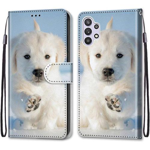 Coque Pour Samsung Galaxy A32 5g Housse Cuir Étui À Rabat Portefeuille Motif Animal Silicone Antichoc, Fille Femme Homme Etui Stand Support Et Carte Slot-Cane Bianco