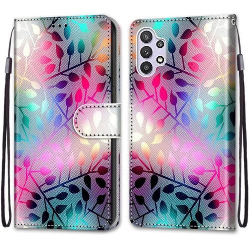 Coque Pour Samsung Galaxy A32 5g Housse Cuir Étui À Rabat Portefeuille Motif Animal Silicone Antichoc, Fille Femme Homme Etui Stand Support Et Carte Slot-Foglia Colorata