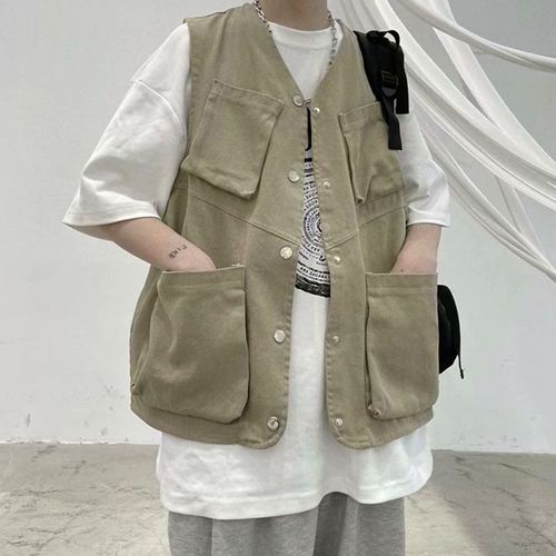 Outillage Japonais Gilet Marée Neutre Marque Style Lâche Veste Gilet Hommes Et Femmes Rétro Multi-Poches Gilet Sans Manches Pour Hommes