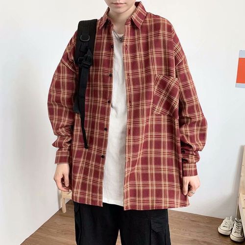 Tide Marque Printemps Et Automne Chemise A Carreaux A Manches Longues Hommes Style Japonais Lâche Style Paresseux Style Coréen Tendance Beau Adolescent Chemise