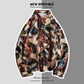 Style Rétro Chemise A Manches Longues Hommes Japonais Hawaien Style Coréen Tendance Couple Imprimé Floral Printemps Et Automne Chemise Veste