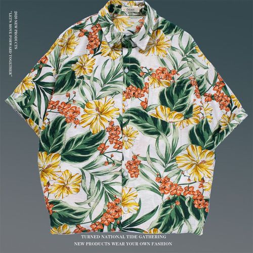 Été Mince Chemise A Manches Courtes Hommes A La Mode Lâche Style Couple Japonais All-Match Manches Cinq-Quarts Plage Fleur Haut