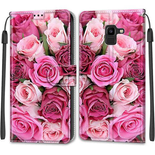 Coque Pour Samsung Galaxy J6 2018, Etui Samsung J6 2018, Housse De Galaxy J6 2018 En Cuir Pu, Etui Housse En Cuir De Protection Avec [Magnetique] Flip Portefeuille Antichoc Case(Rose 2)