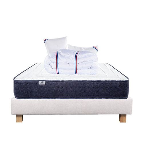 Ensemble Matelas Nuage (24cm), Sommier (20cm), Oreiller Et Couette, Mousses Haute Densité, Mi-Ferme, Face Été/Hiver - Beige, 140x190cm
