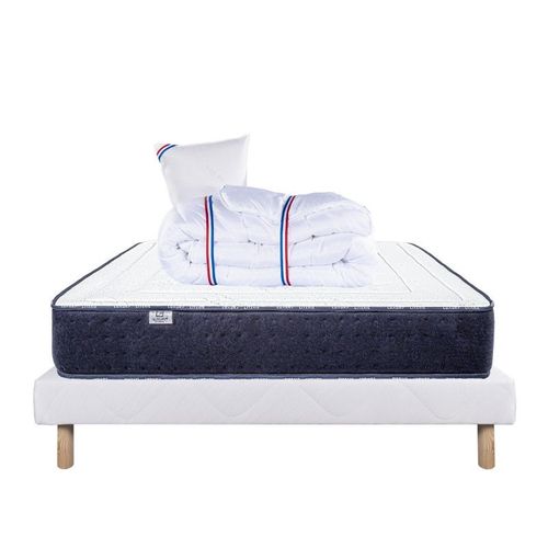 Ensemble Matelas Nuage (24cm), Sommier (13cm), Oreiller Et Couette -Mousse Haute Densité, Mi-Ferme, Face Été/Hiver - Blanc, 90x190cm