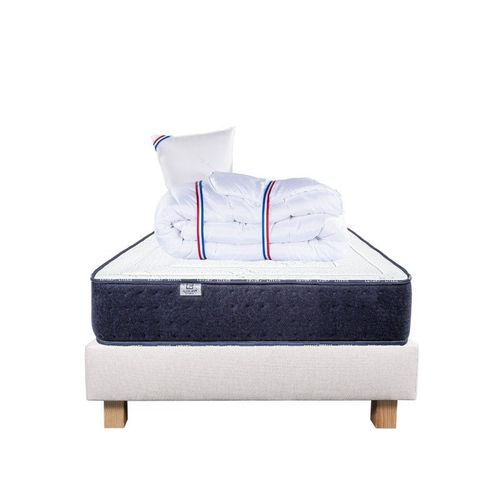 Ensemble Matelas Nuage (24cm), Sommier (20cm), Oreiller Et Couette, Mousses Haute Densité, Mi-Ferme, Face Été/Hiver - Beige, 90x190cm